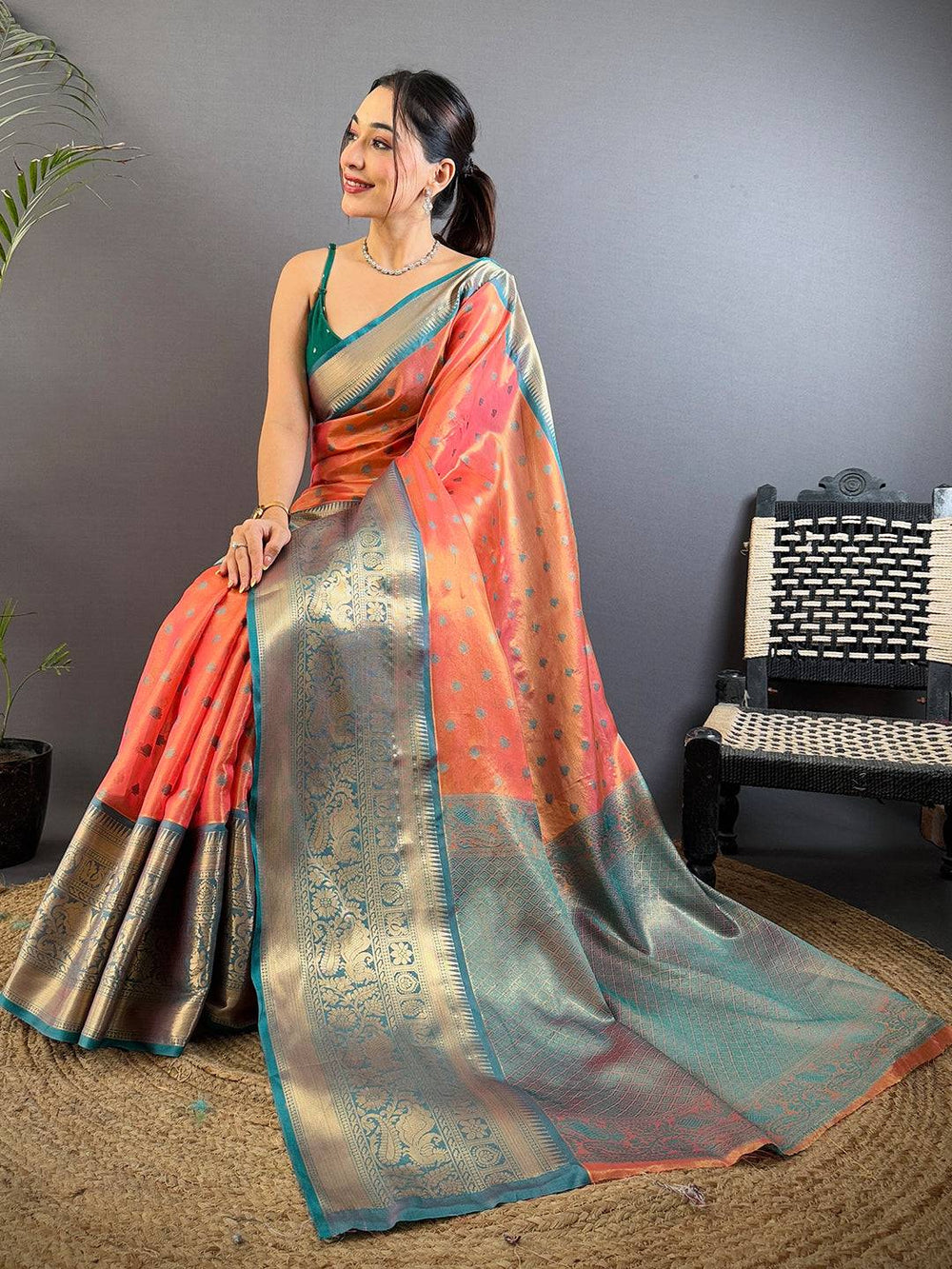 Orange Kanjivaram Zari Tissue Saree
