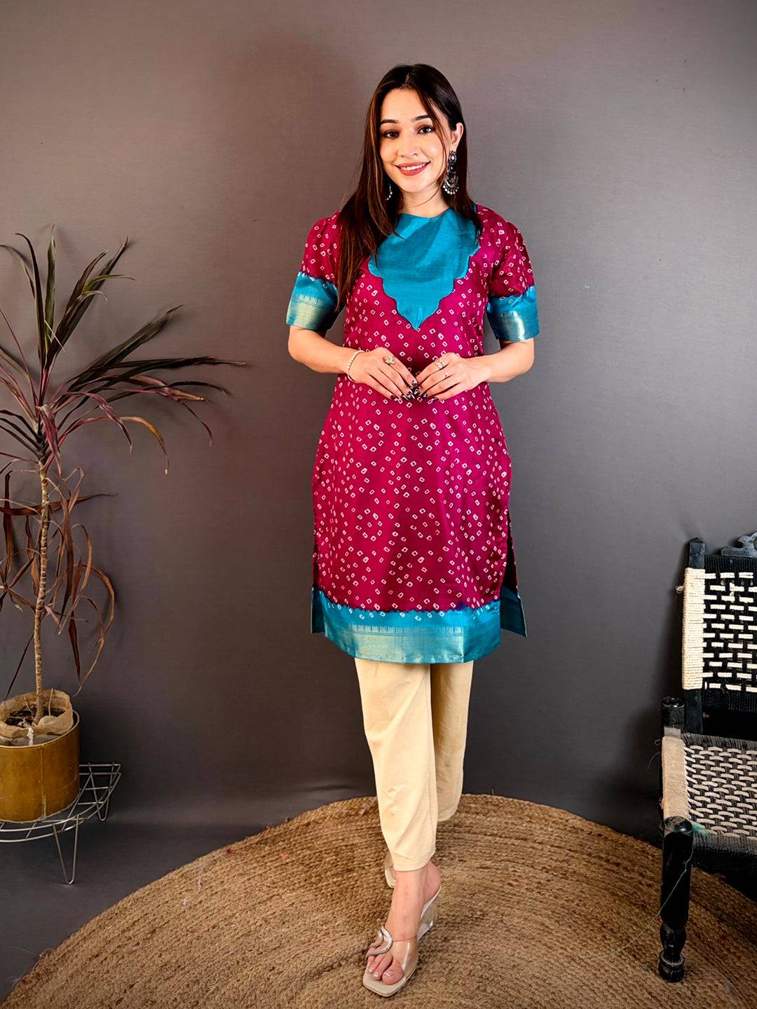 Elegant Round Neck Dola Silk Kurti
