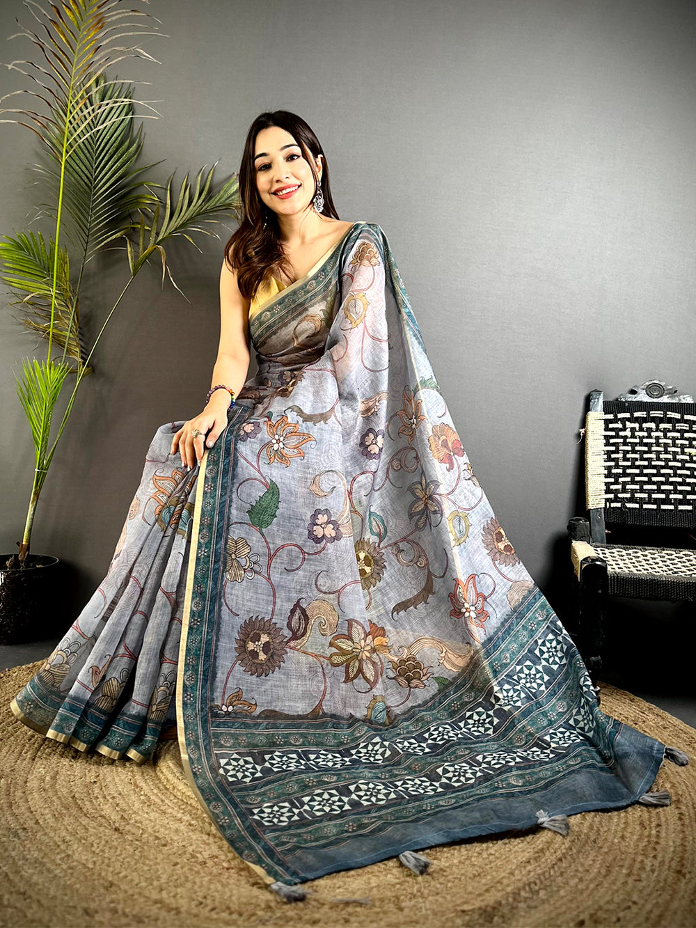 Ethereal Linen Tissue Ajrak Zari Saree