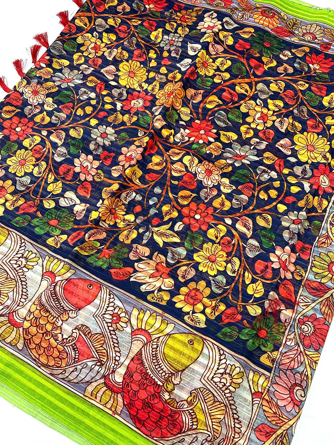 Orchid Blue Pen Kalamkari Linen Saree with colorful floral and fish designs