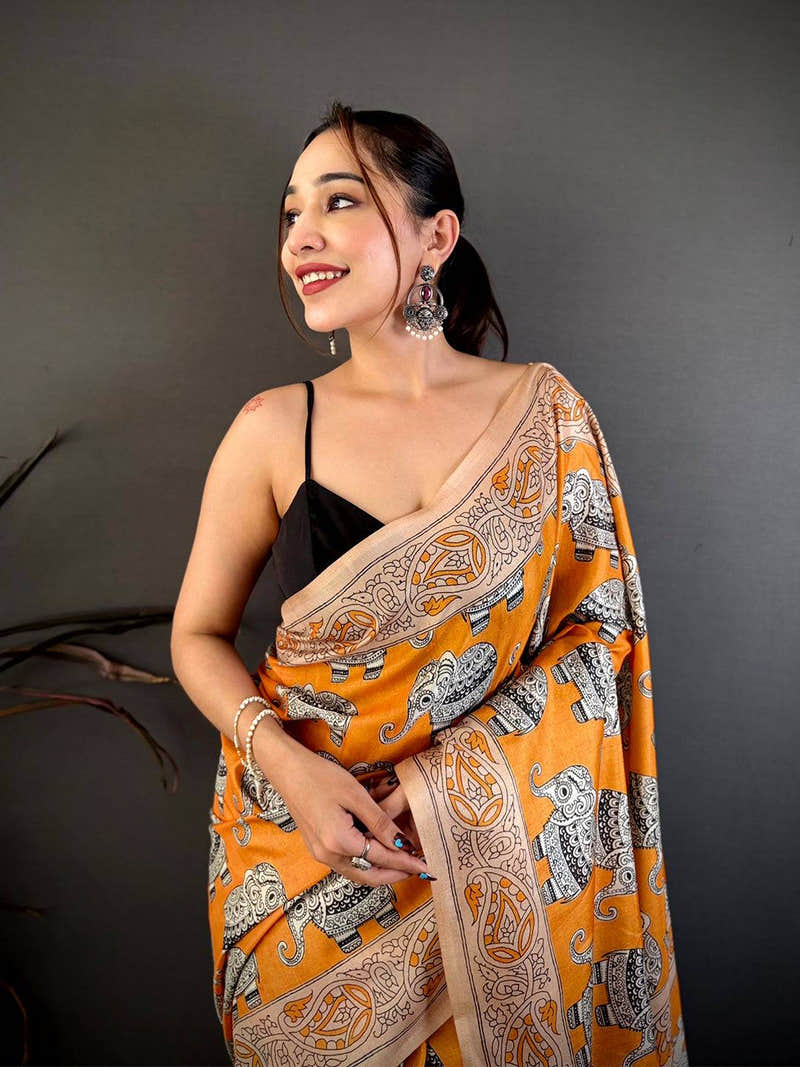 Artistic Ajrakh Style Tussar Kalamkari Saree