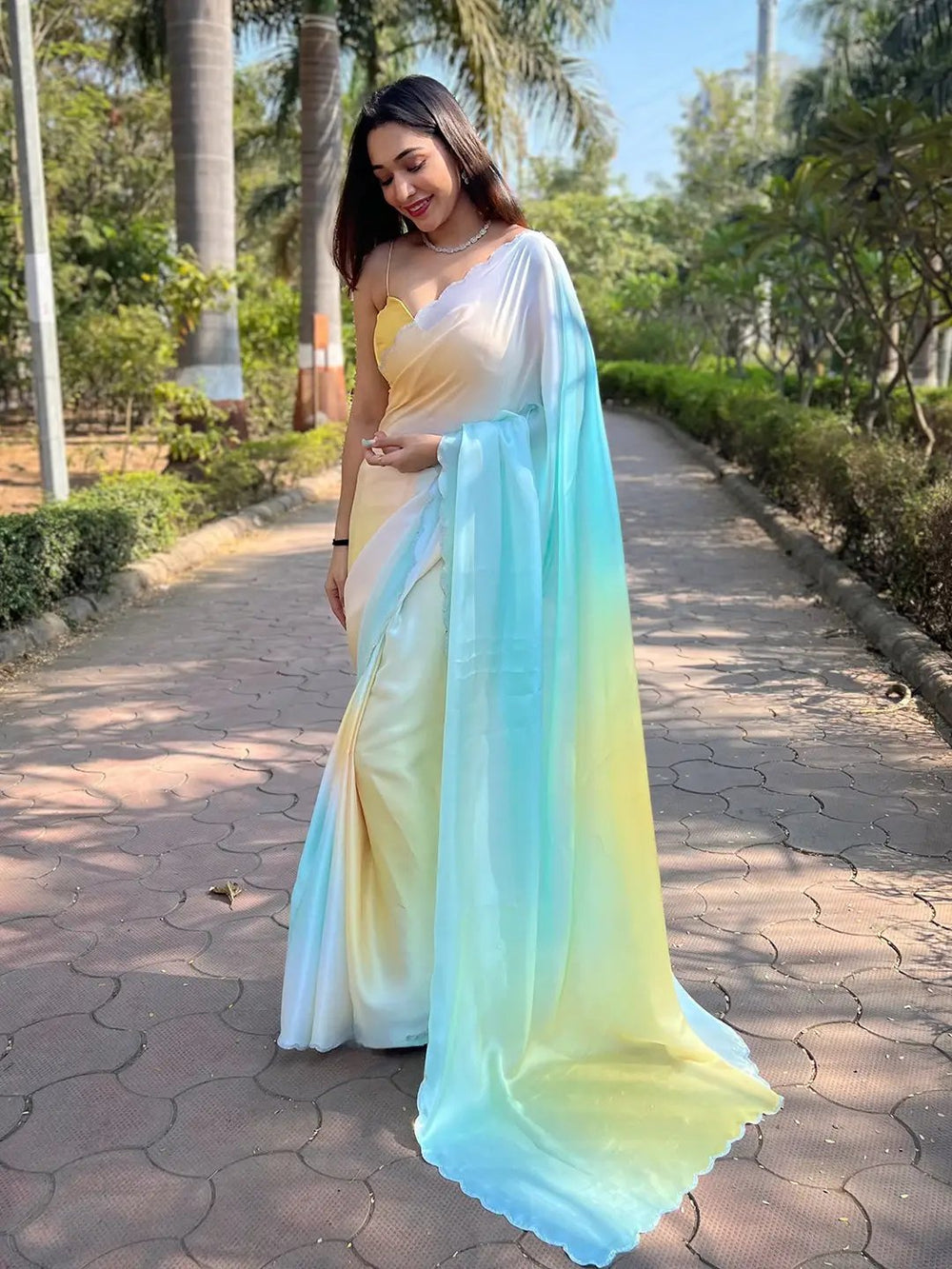  Yellow Colour Satin Georgette Saree with Ombre Print