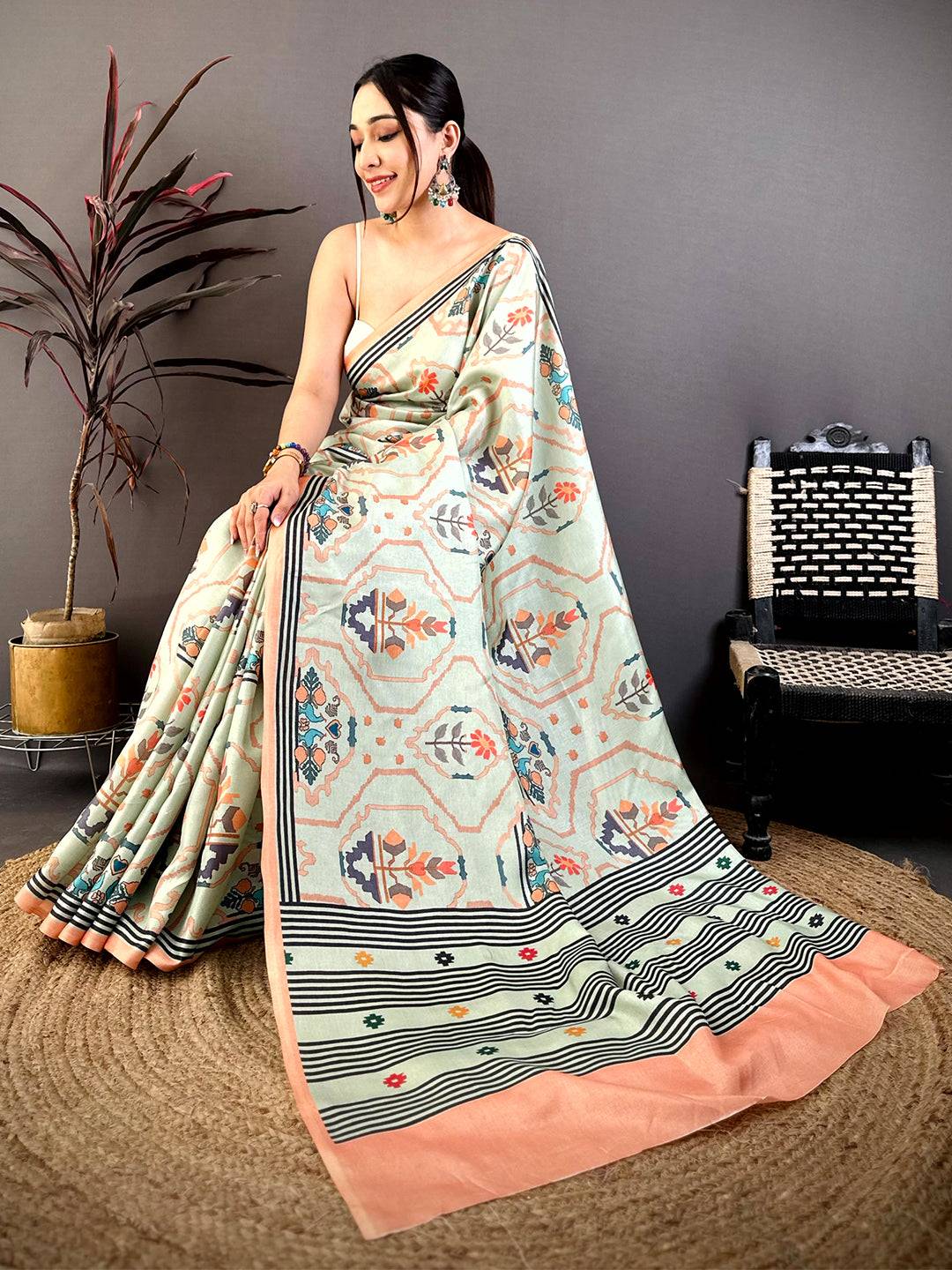 Royal Kalamkari Geometric Tussar Saree