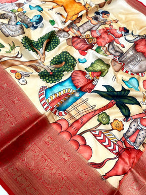 Ethereal Beige Banarasi Silk Kalamkari Saree


