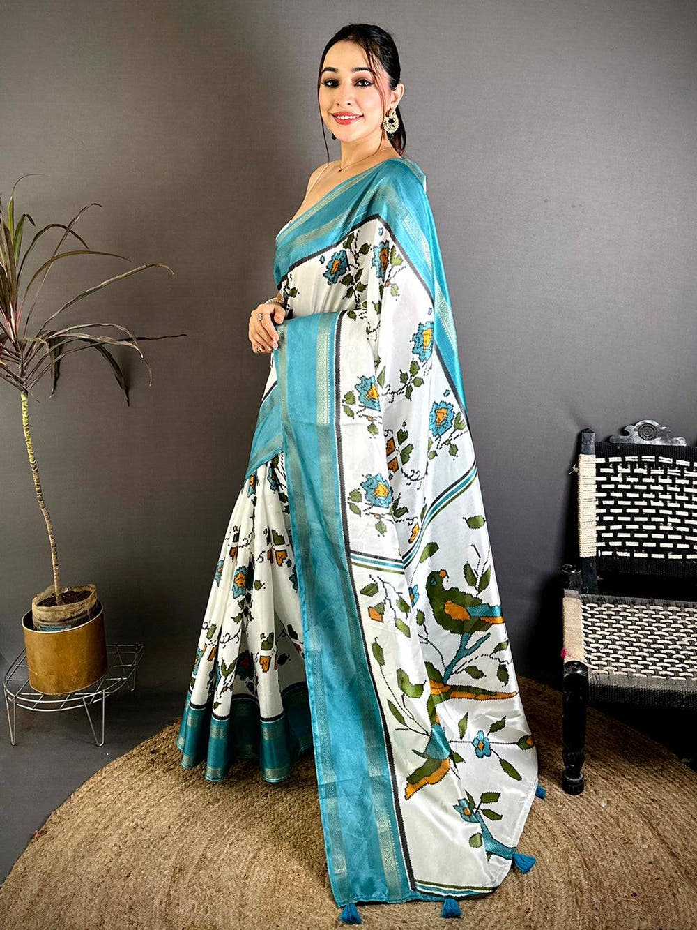 Sky Soft Dola Floral Print Gadwal Border Saree