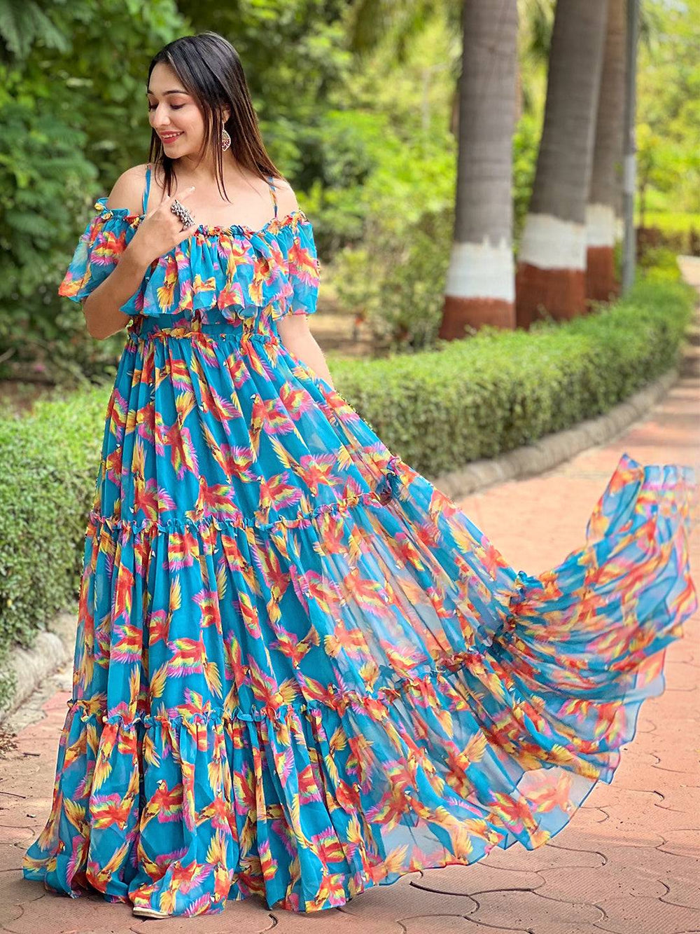 Vacay Vibes Blue Maxi Dress with colorful bird print