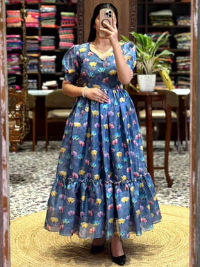 Denim Blue Floral Print Midi Dress