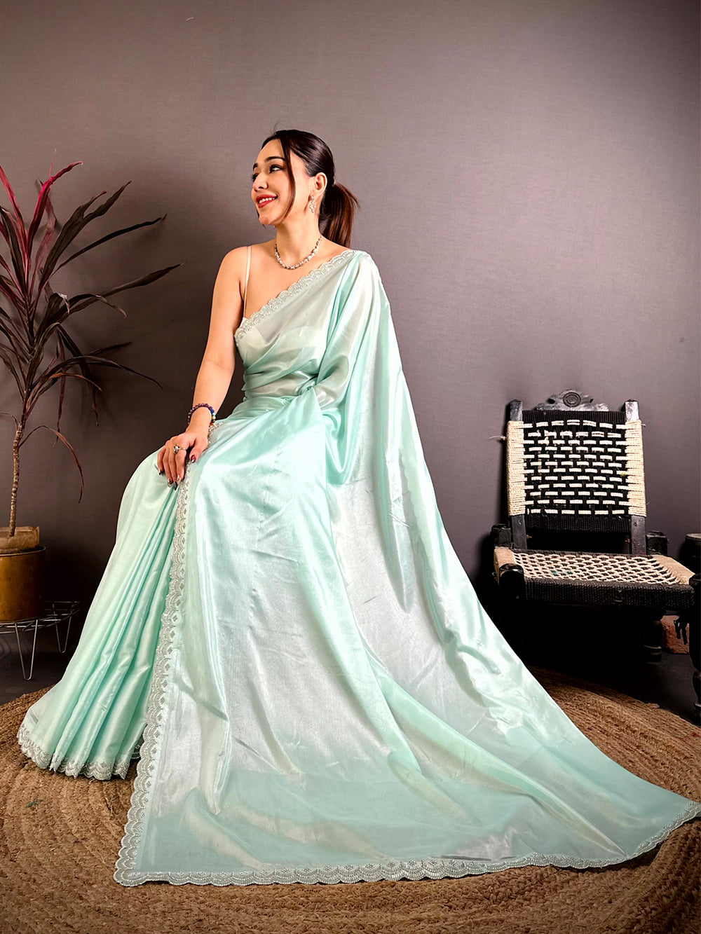 Regal Silver Glass Swarovski Silk Saree