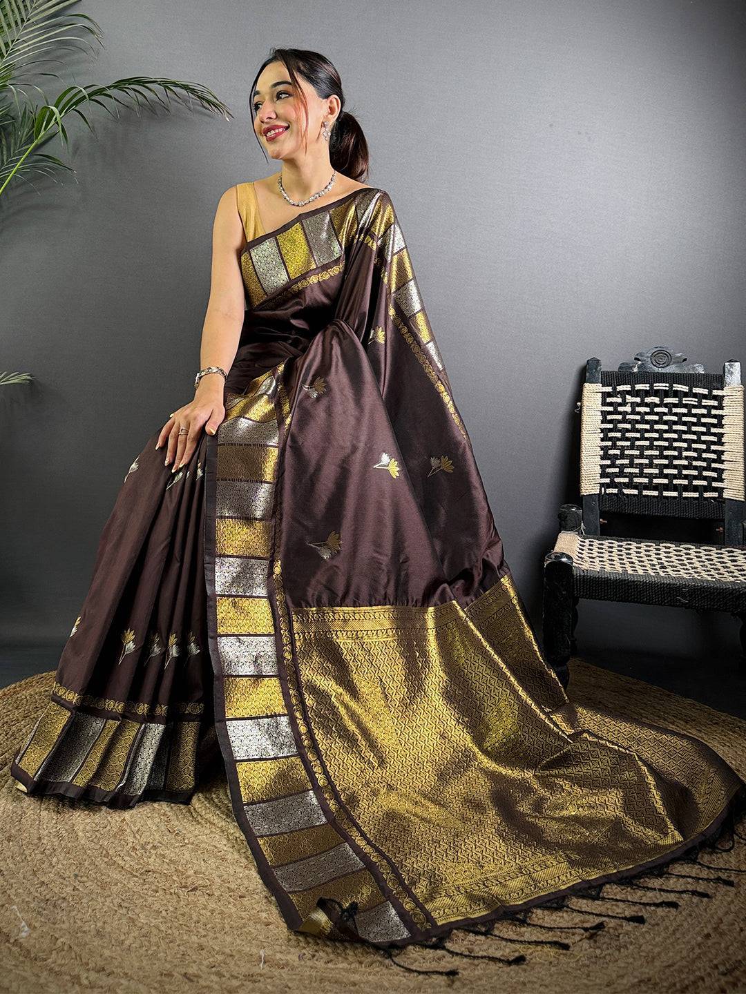 Brown Soft Silk Sona Chandi Butta Saree

