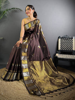 Brown Soft Silk Sona Chandi Butta Saree


