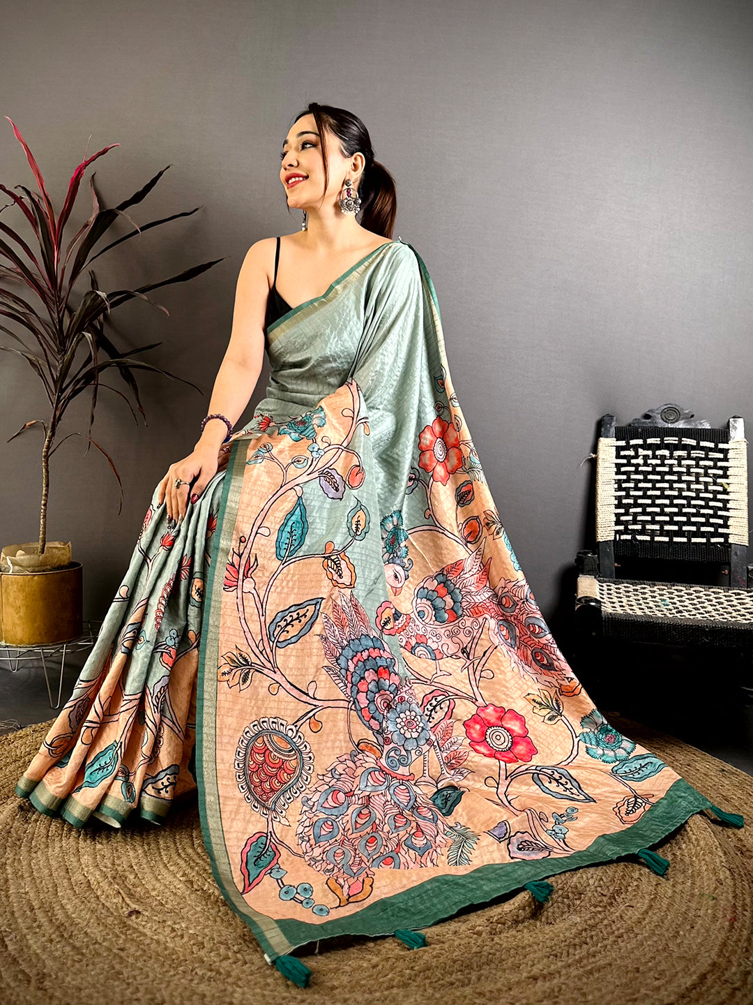 Regal Tussar Ghicha Kalamkari Saree