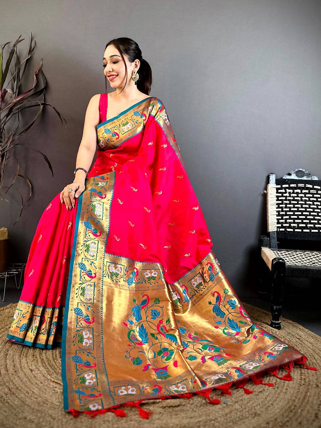 Rani Pink Minakari Tall Border Soft Silk Saree