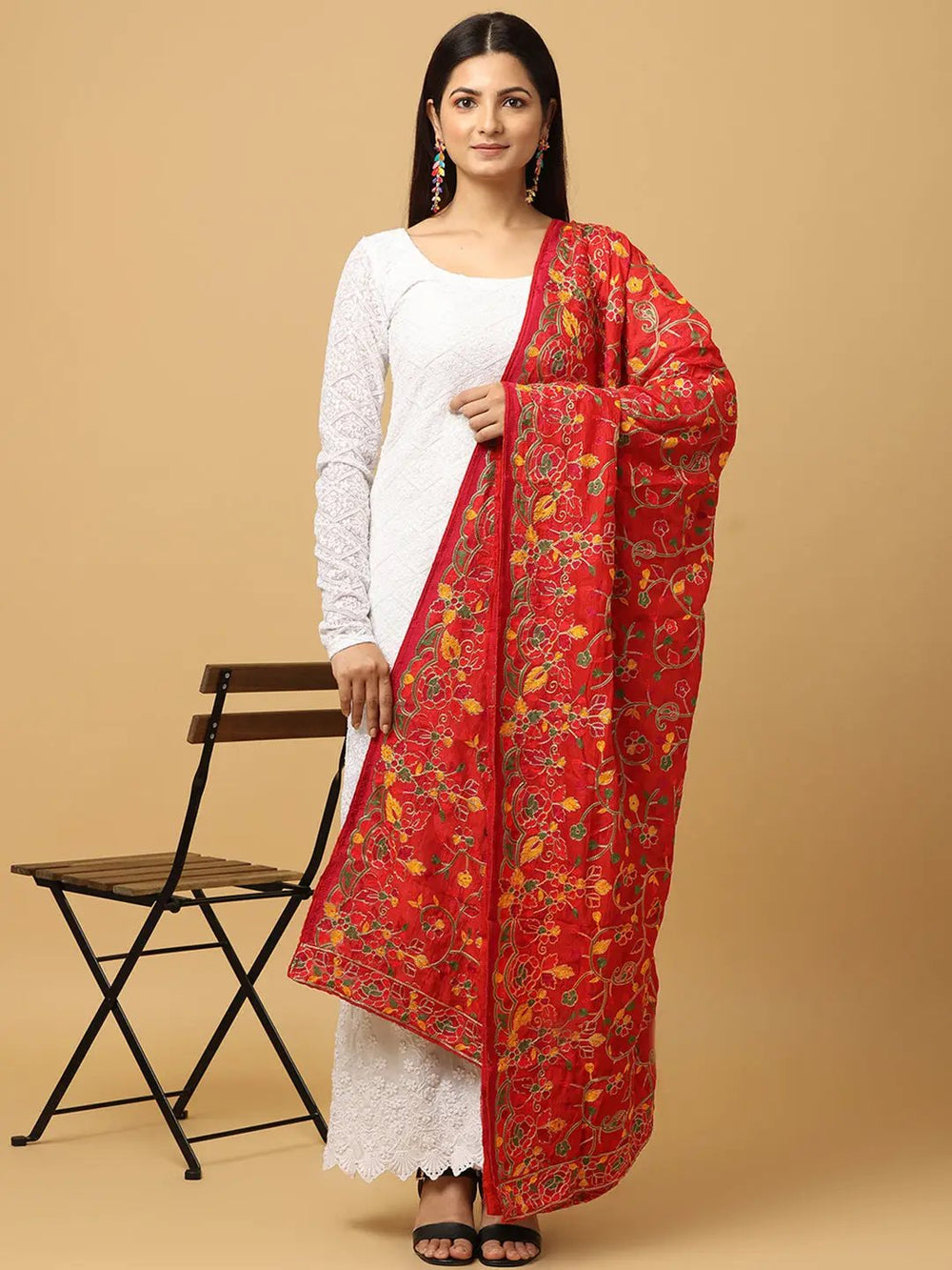 Front view of Red Poly Chiffon Pashmina Dupatta