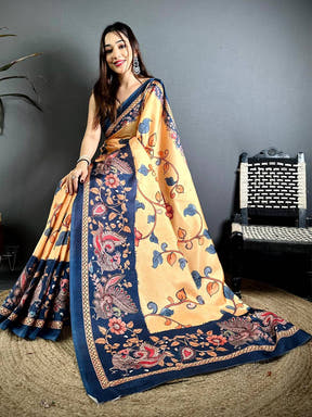 Mustard Orange Kalamkari Print Tussar Saree