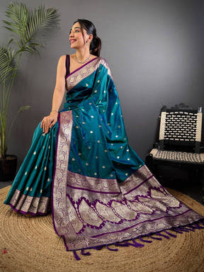 Teal Blue Soft Silk Feather Saree