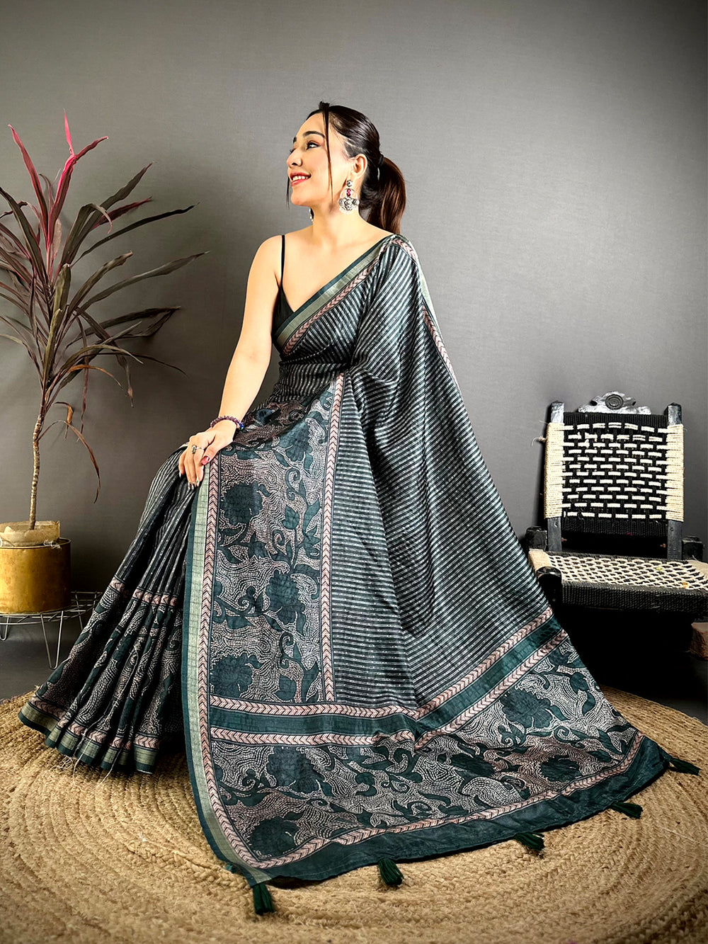 Bottle Green Digital Katha Work Saree