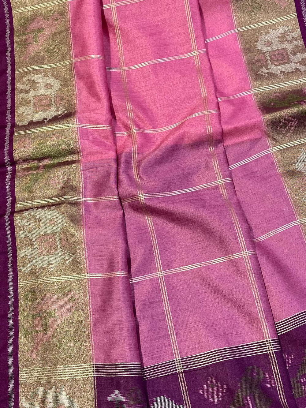 Pink Double Ikat Tussar Silk Saree