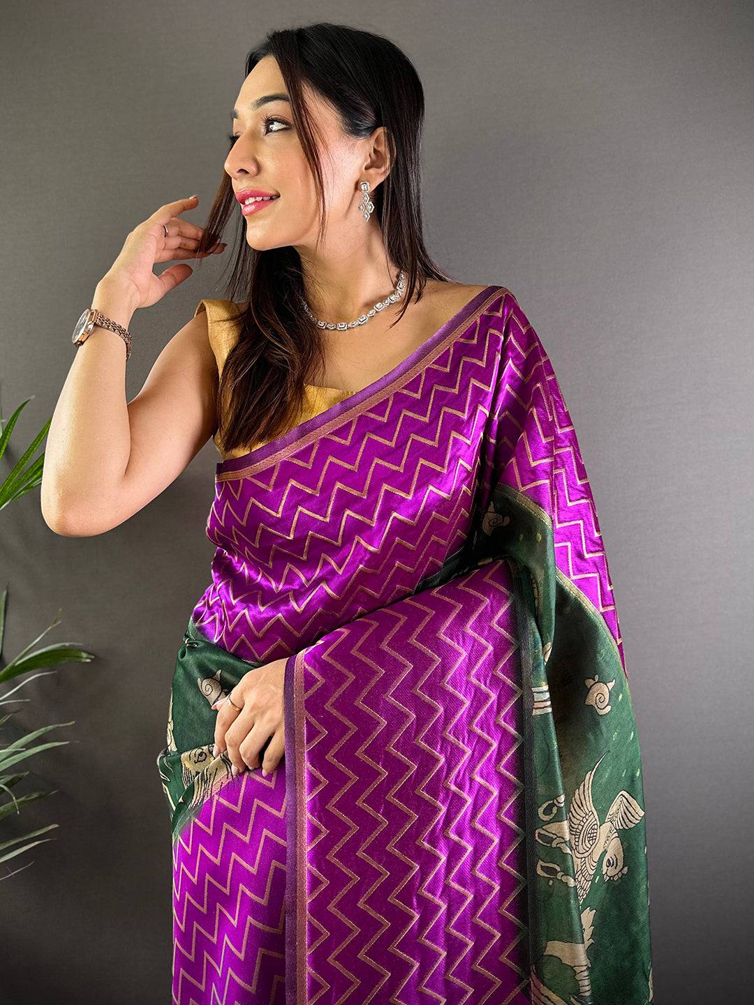 Wine Heritage Weave Kalamkari Soft Silk Saree

