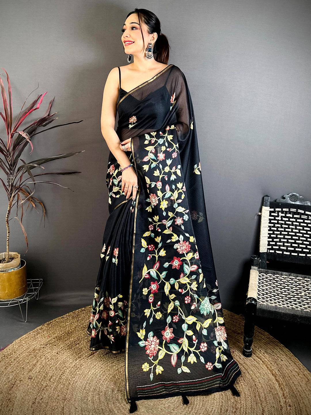Royal Kota Doriya Floral Kalamkari Saree