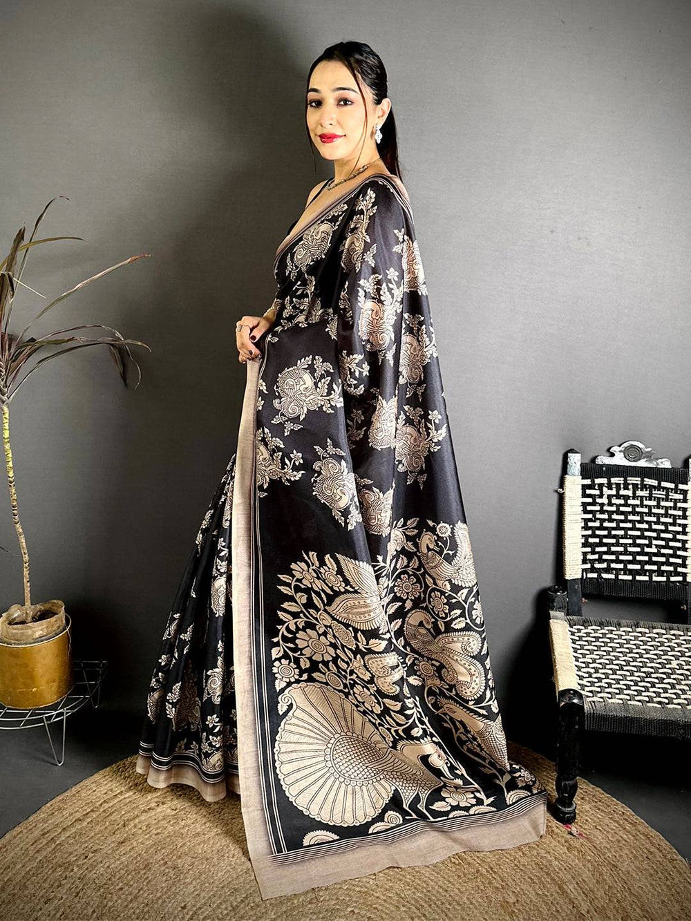 Classic Black Kalamkari Print Tussar Saree