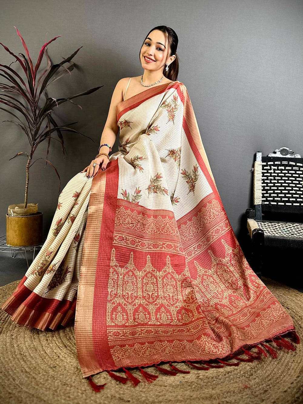 Red Leaf Minakari Tussar Saree