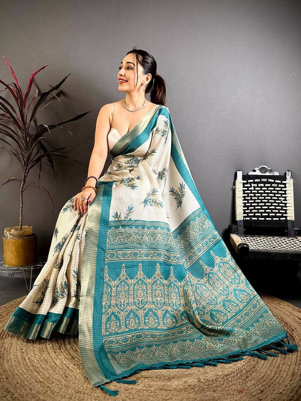 Rama Leaf Minakari Tussar Saree