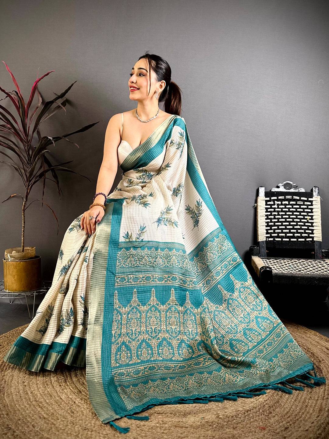 Rama Leaf Minakari Tussar Saree