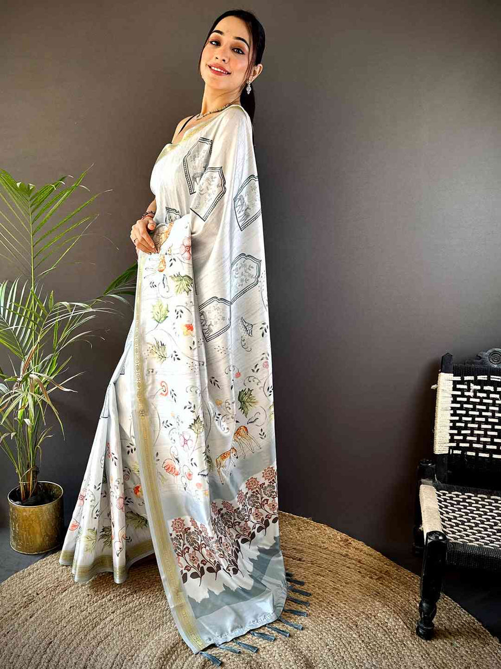 Hippie Blue Forest Phulkari Kalamkari Print Saree