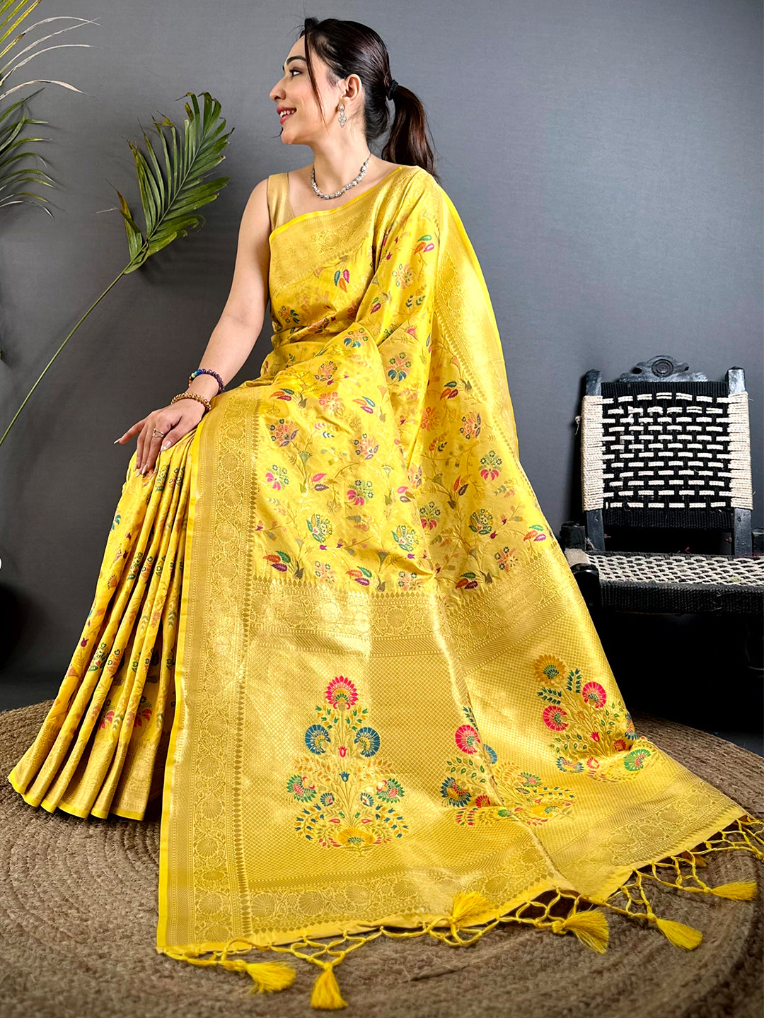 Yellow Banarasi Minakari Floral Silk Saree
