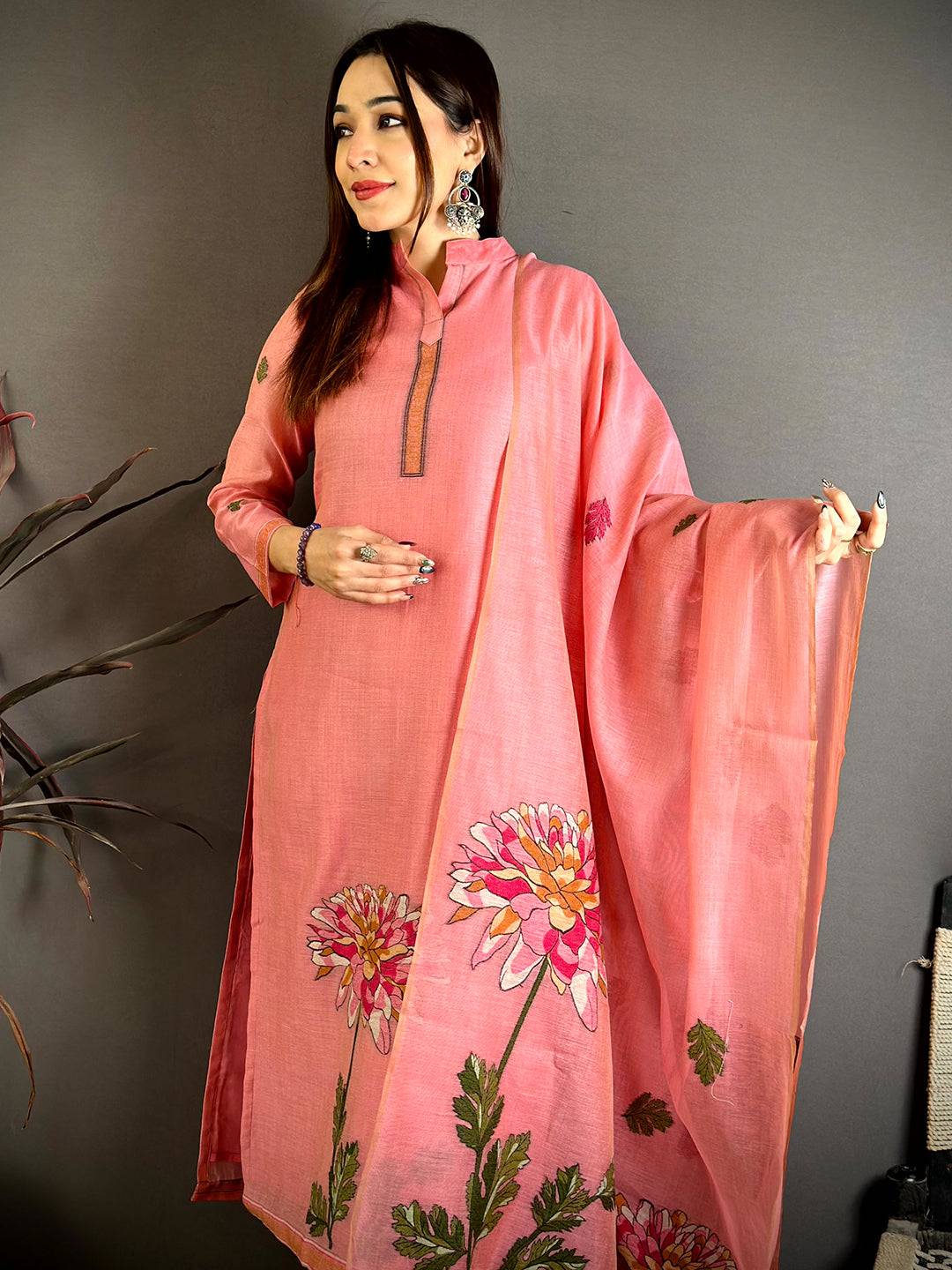 Salmon Pink Floral Cotton Dress

