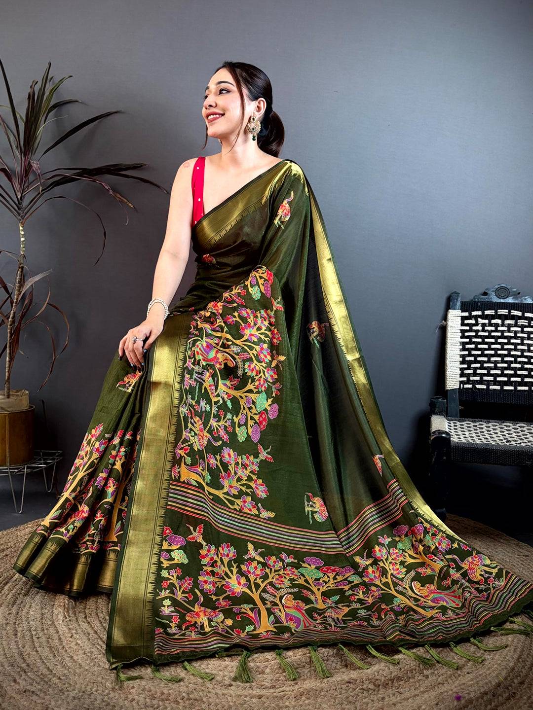 Dark Olive Shade Printed Dola Silk Saree
