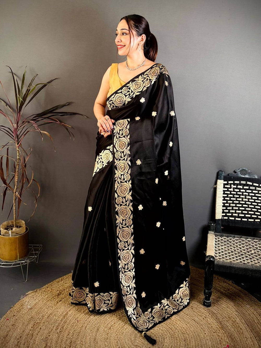 Black Aari Jhalar Tussar Satin Saree