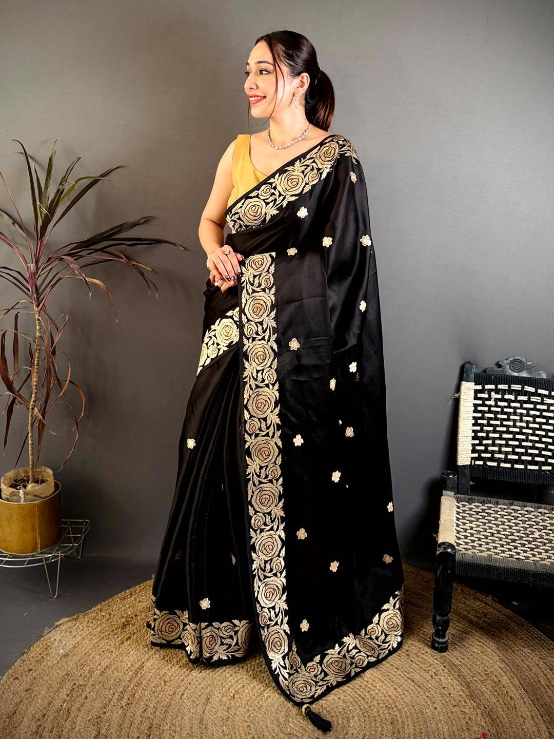 Black Aari Jhalar Tussar Satin Saree