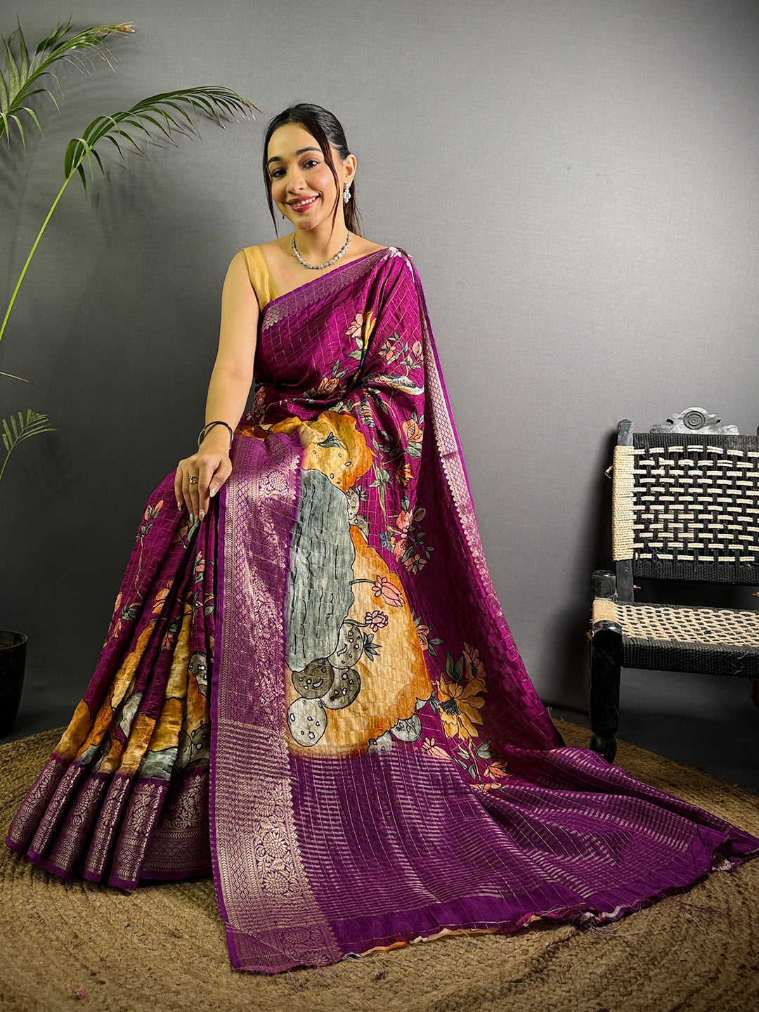Purple Pure Viscose Kalalmkari Print Saree