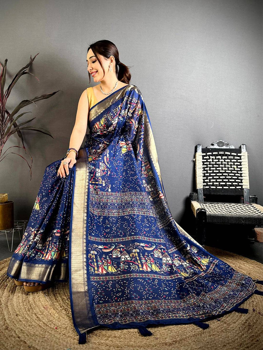 Navy Pen Kalamkari Soft Dola Zari Saree