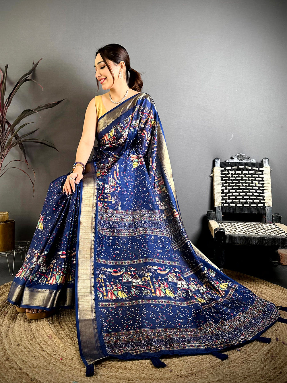 Navy Pen Kalamkari Soft Dola Zari Saree