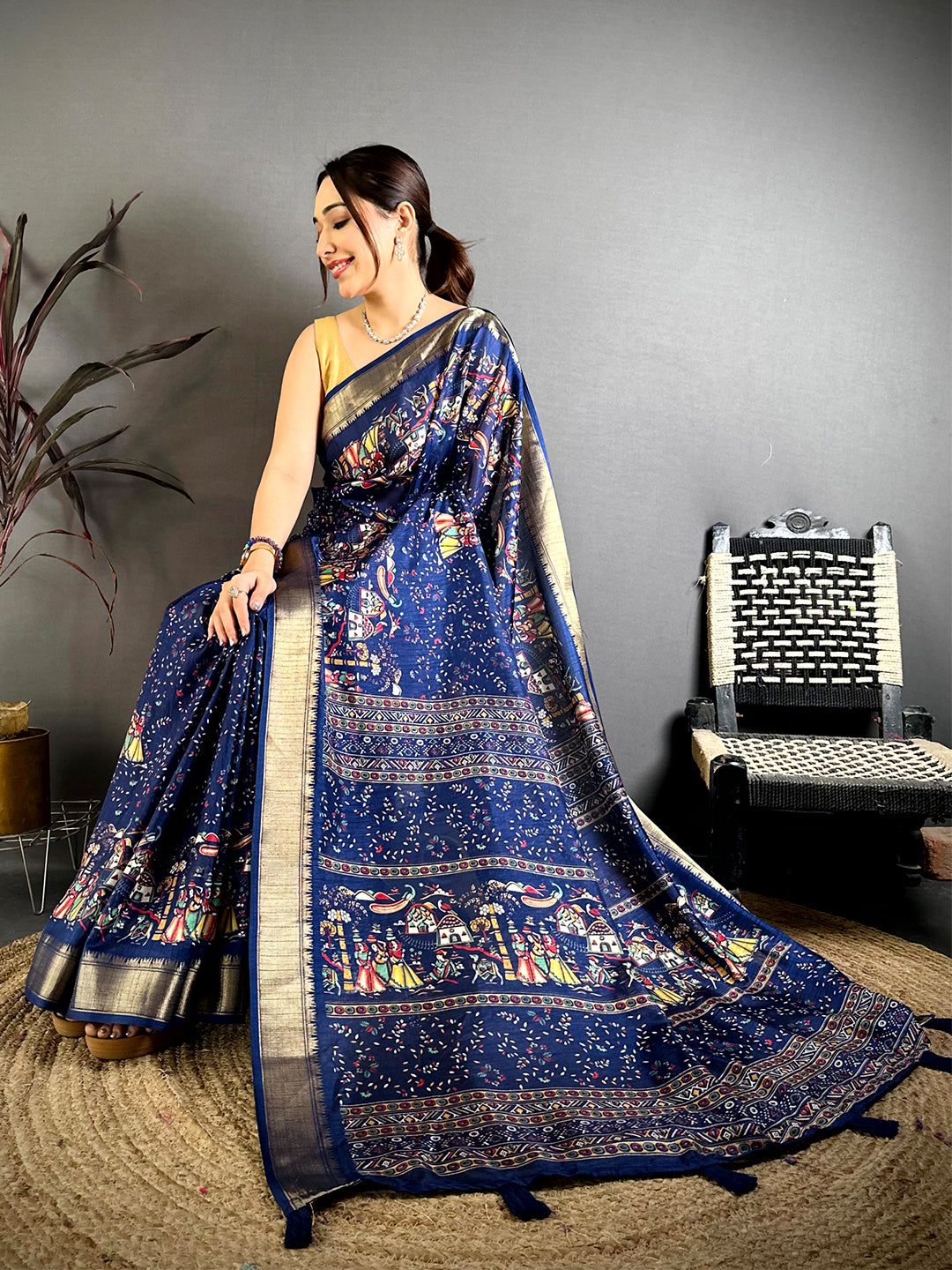 Navy Pen Kalamkari Soft Dola Zari Saree