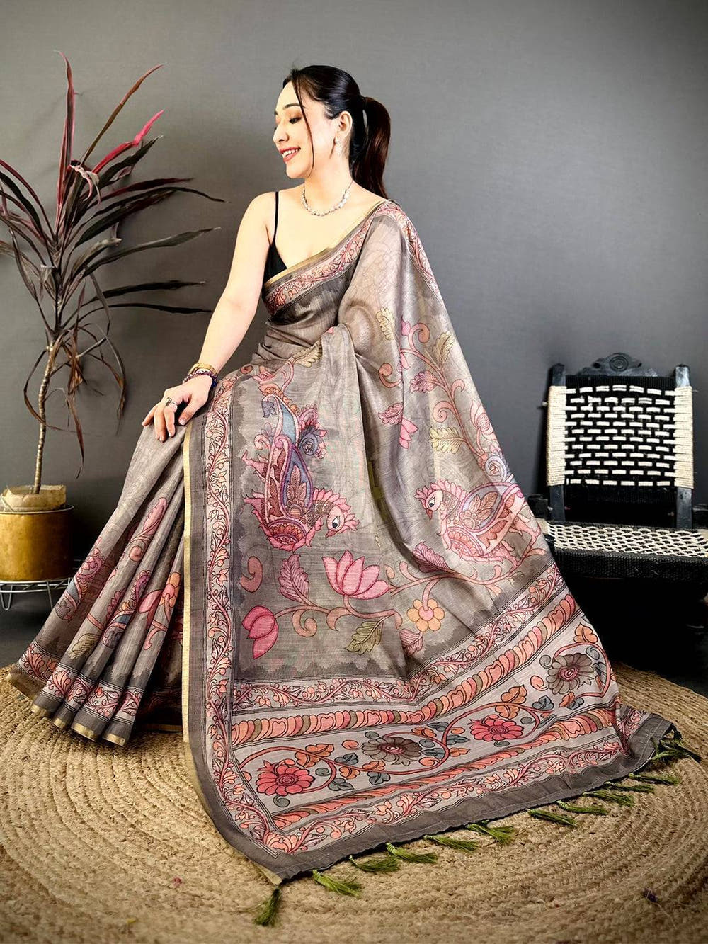 Grey Vintage Pen Kalamkari Chanderi Saree
