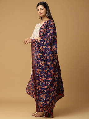 Side view of navy chiffon dupatta with intricate embroidery
