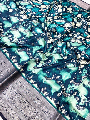 Teal Digital Kalamkari Banarasi Saree