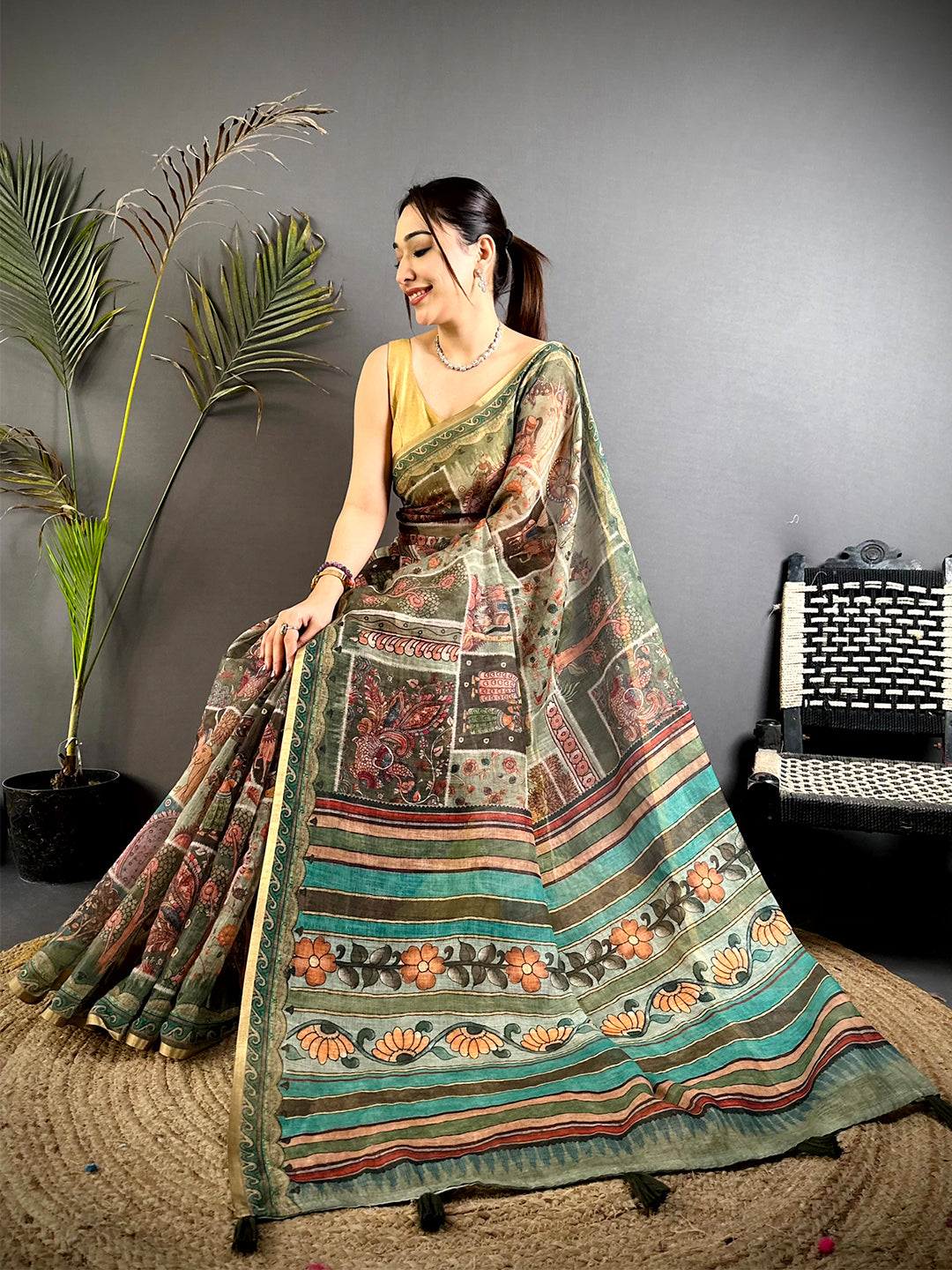 Royal Minakari Kalamkari Linen Saree