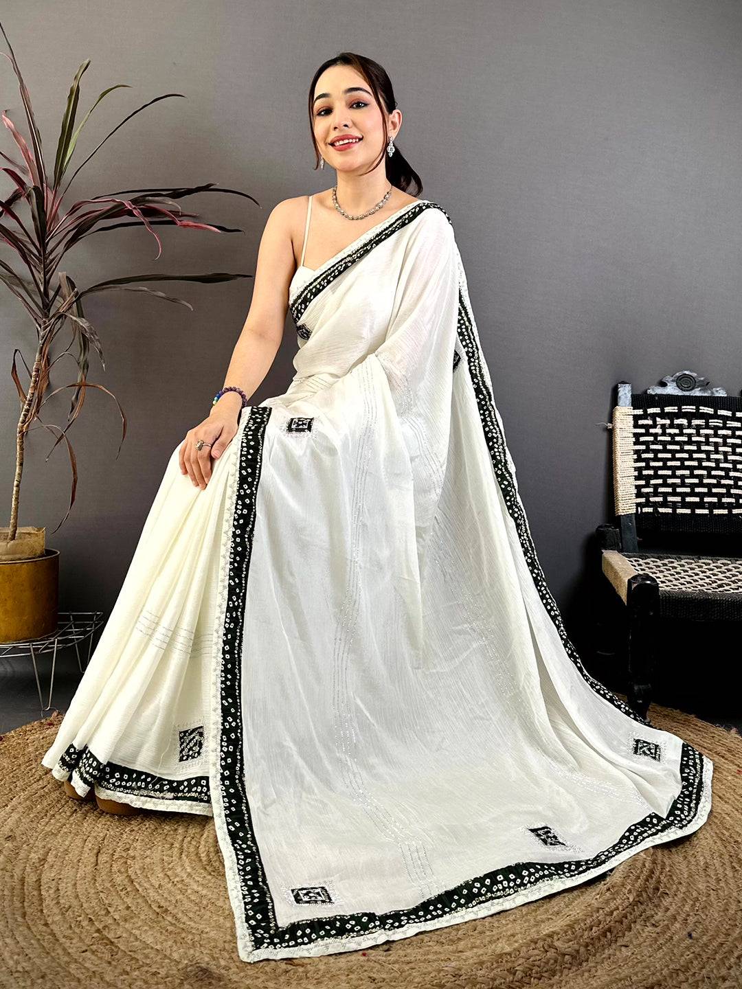 Black Bandhej Butta Chiffon Saree