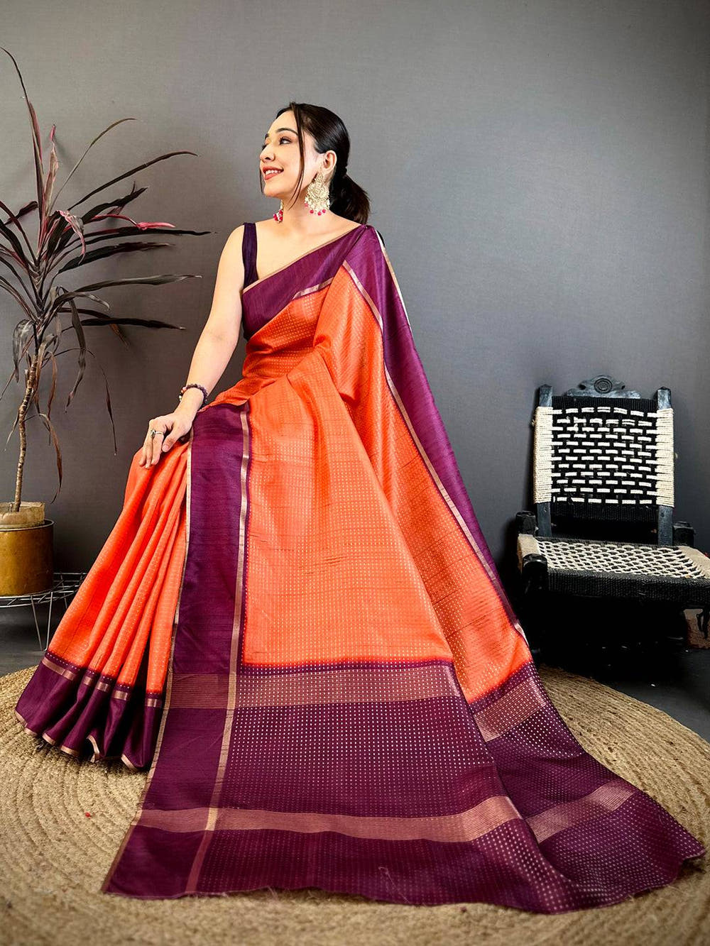 Saffron Orange Tussar Gold Zari 1000 Butti Saree