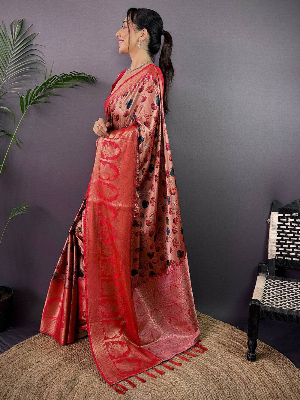 Vibrant Soft Cherry Satin Kalamkari Print Saree