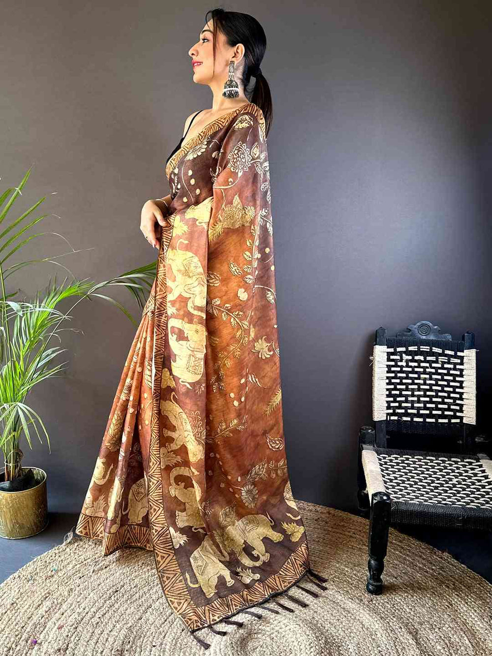 Mustard Kalamkari Block Print Chanderi Saree