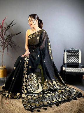 Black Peacock Zari Munga Saree