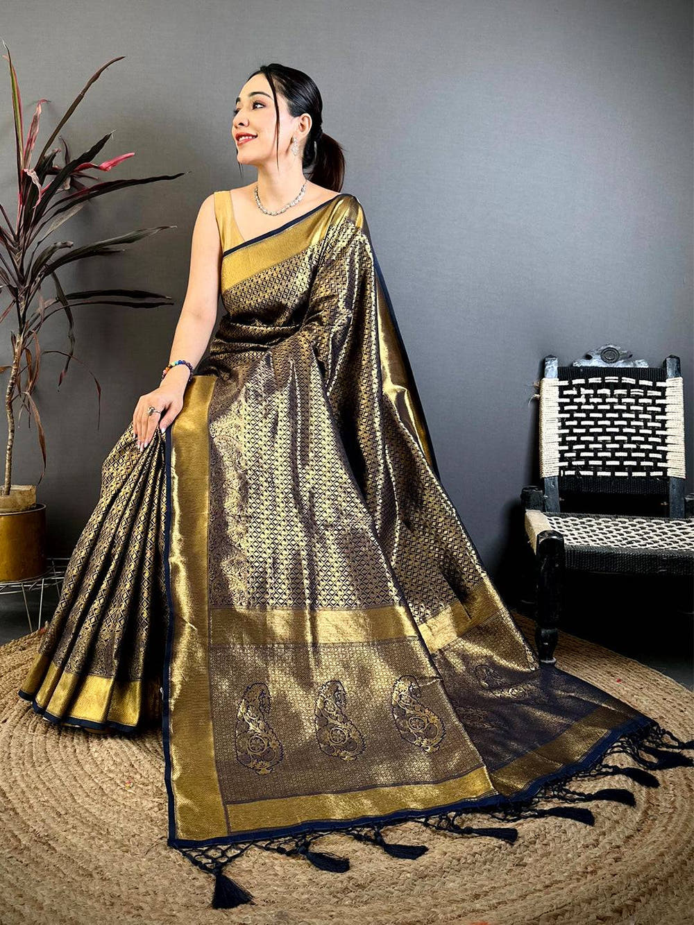 Radiant Black Kanjivaram Zari Silk Saree