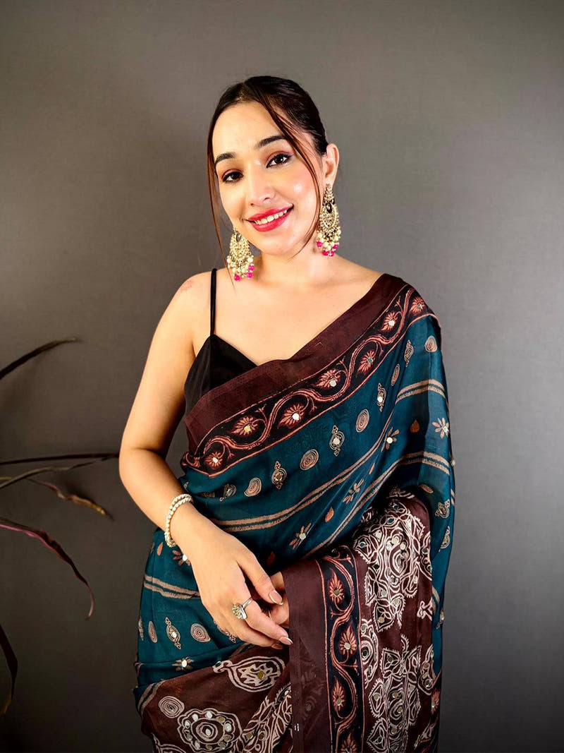 Dark Rama Soft Georgette Printed Saree