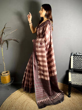 Cocoa Checks Kantha Border Tussar Saree