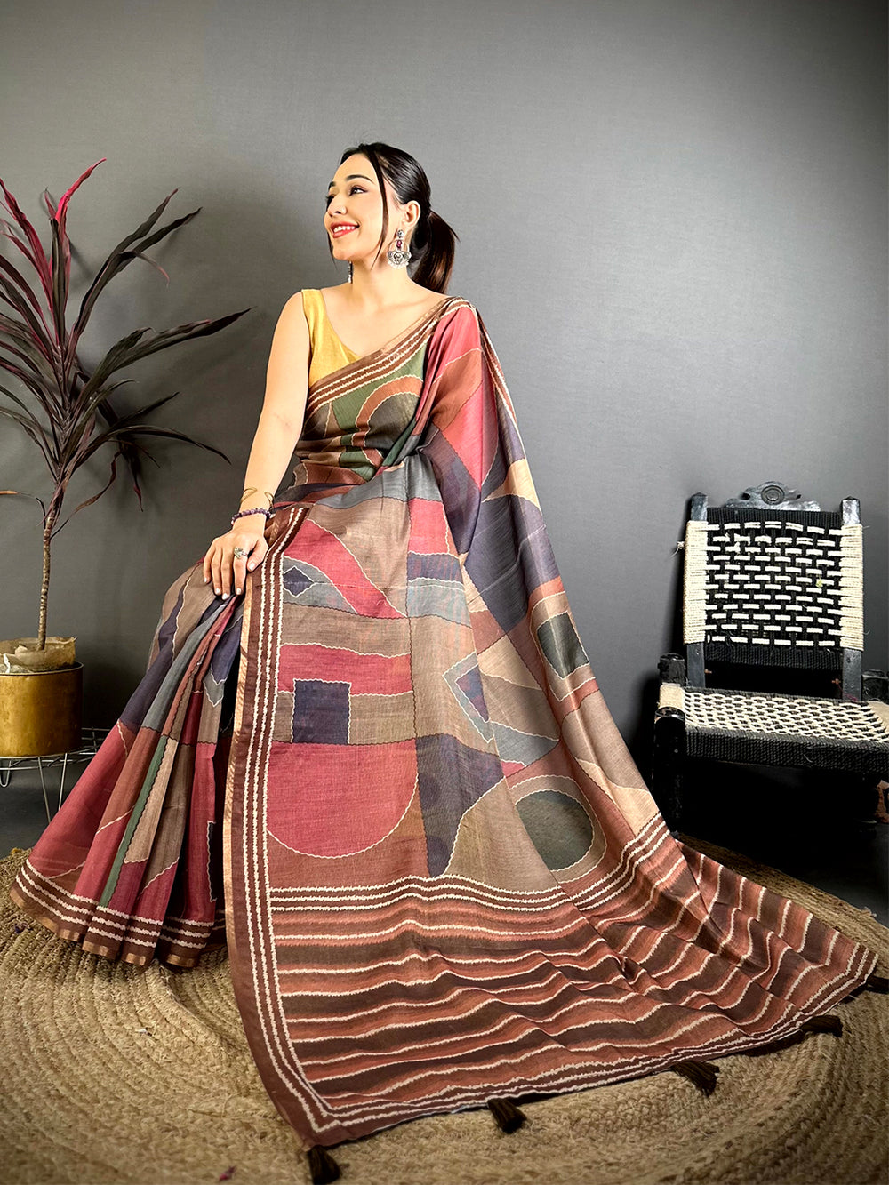 Radiant Geometric Linen Chanderi Saree